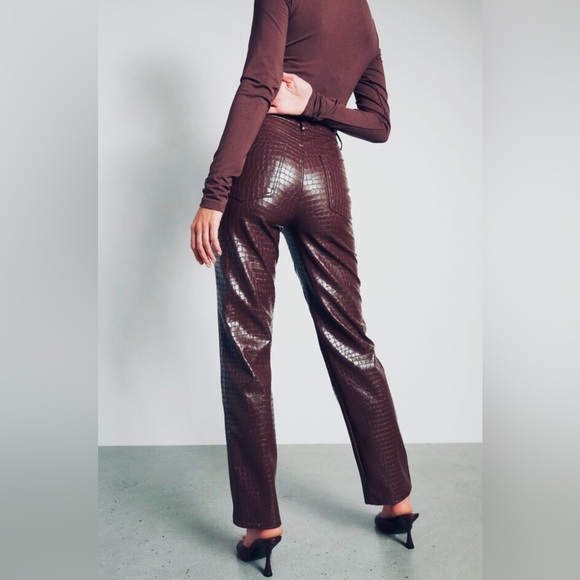 🆕Dark Brown Straight Leg Faux Leather Pants with Crocodile Finish - Picture 6 of 14